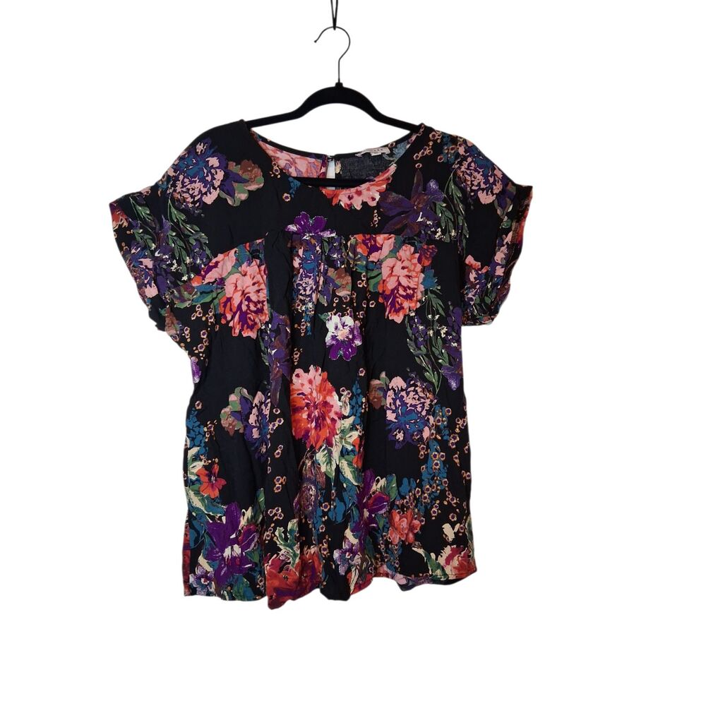 ANDREE by Unit Plus Size 2X Floral Blouse Black Pink Purple Rayon Boho Top